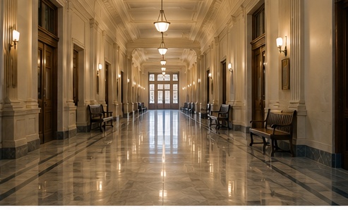 A symmetrical civic building hallway